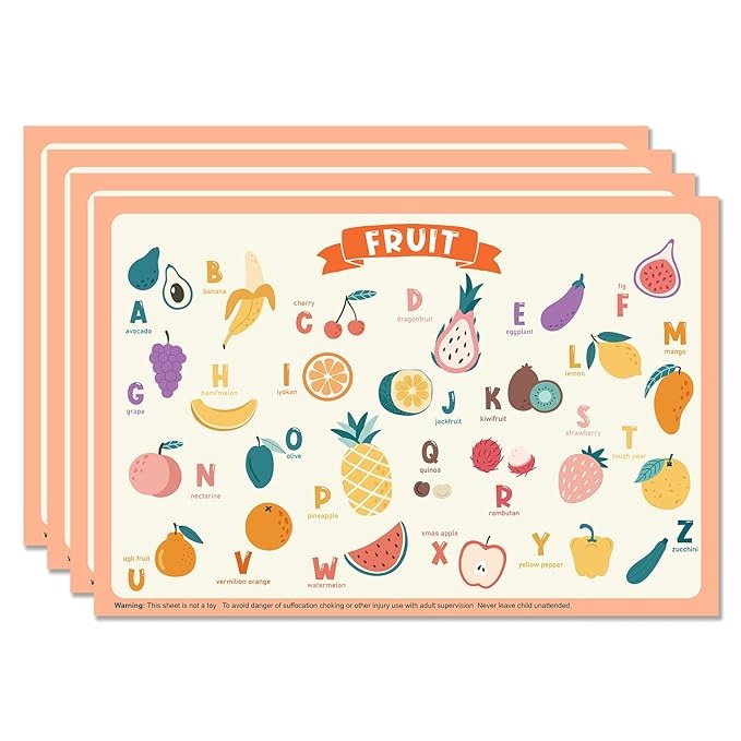 POIKSHARK, 60 Pack Disposable Placemats for Baby & Toddle, 12" X 18" Restaurant Table Mats, Sticky Kids Placemat for Picnic Table, Party, Travel, Fruit Alphabet Theme