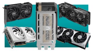 A collage of five different graphics card, displayed across various angles, against a teal background with a white border.
