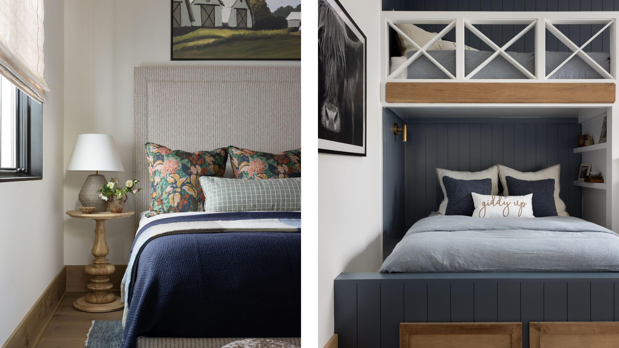 Side-by-side view showing a guest bed with a tall upholstered headboard and floral pillows on the left, and a built-in navy blue bunk bed setup on the right.