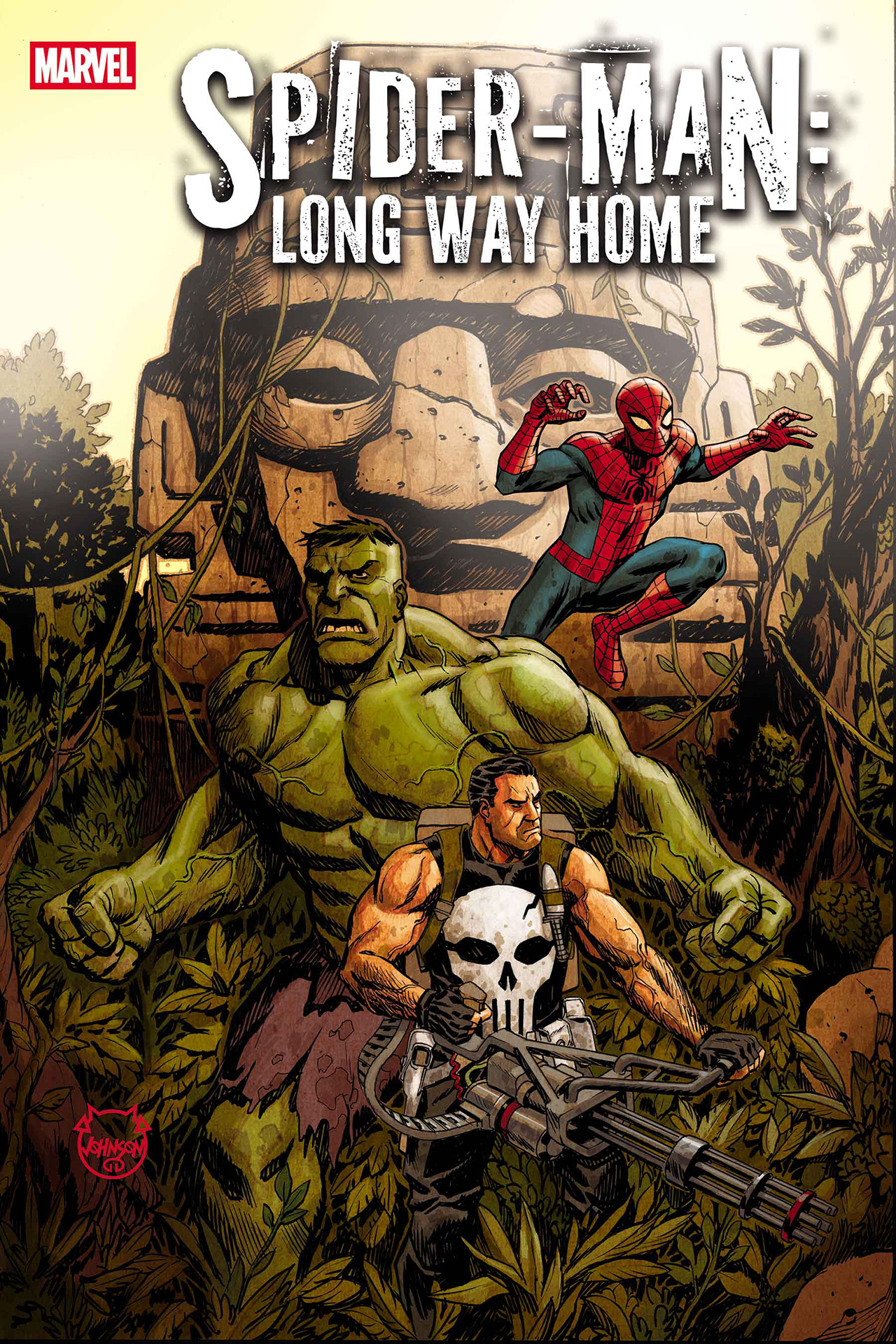 Spider-Man, Hulk, and Punisher posing in the jungle alongside a carved stone head