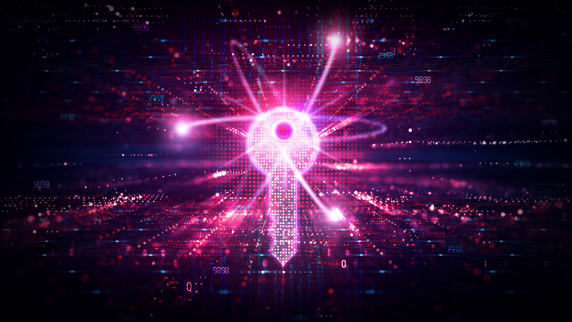 An illustration of a holographic key with its teeth pointed downward. The key is made of projections of tiny purple and pink beams over a dark background