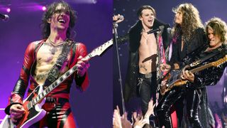 LEFT: Justin Hawkins of The Darkness performs at The Roundhouse on December 09, 2023 in London, England. RIGHT: YUNGBLUD, Steven Tyler, Joe Perry at the MTV Video Music Awards 2025 held at UBS Arena on September 07, 2025 in New York, New York. 