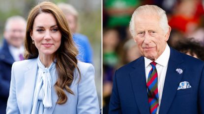 Composite of a picture of Kate Middleton wearing a blue blouse and blazer in Carrickfergus in 2022 and King Charles wearing a suit as he departs the Senedd on July 11, 2024