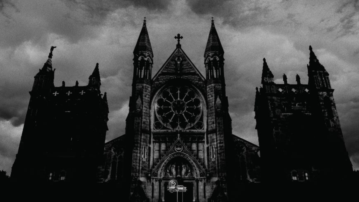 A gloomy cathedral at night