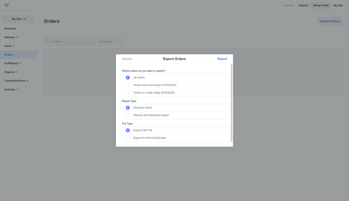 Screenshot of Weebly order management system