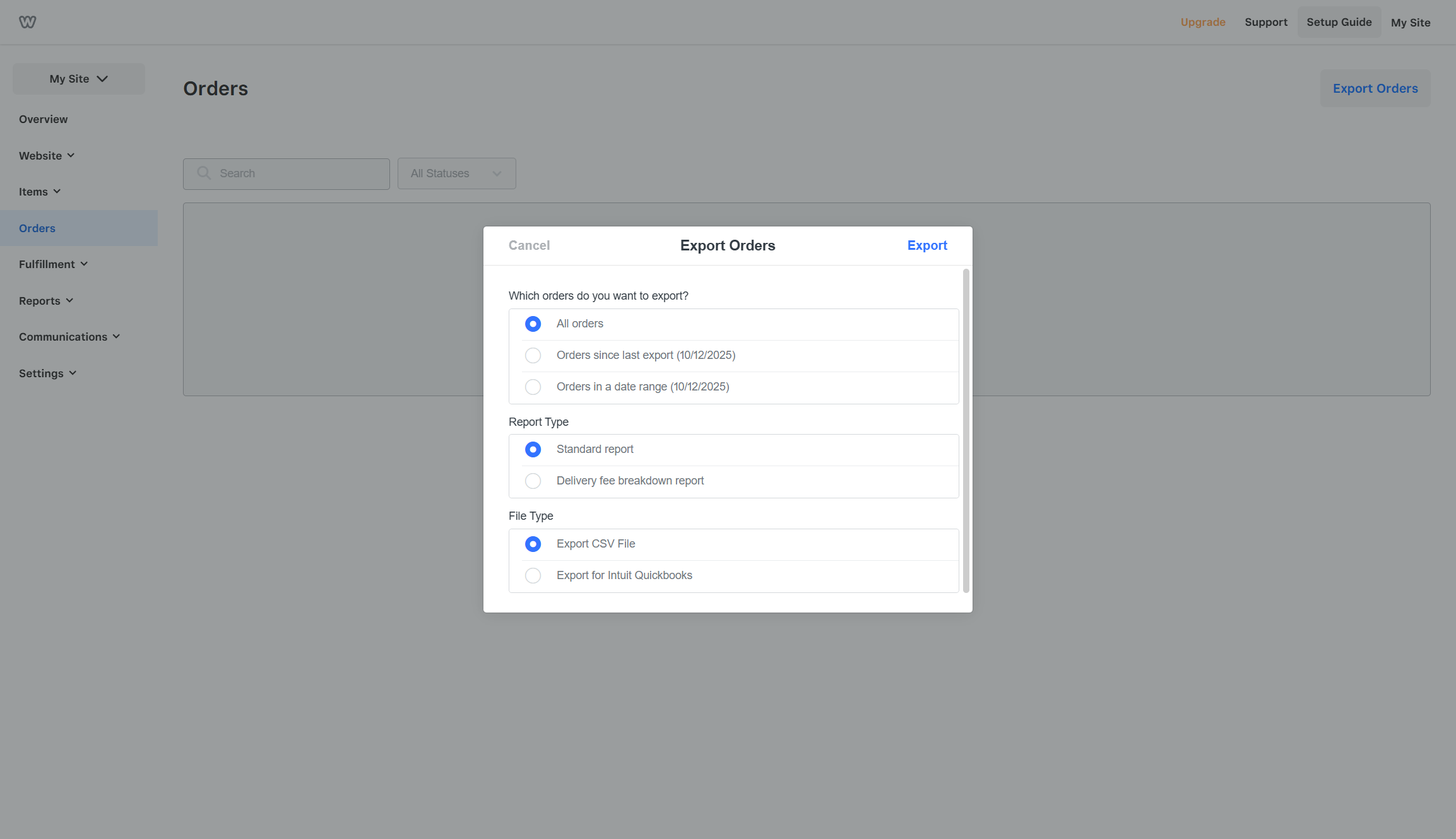 Screenshot of Weebly order management system