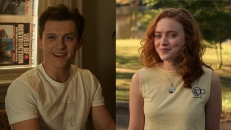 Tom Holland smiling in No Way Home and Sadie Sink smiling in Stranger Things side by side. 