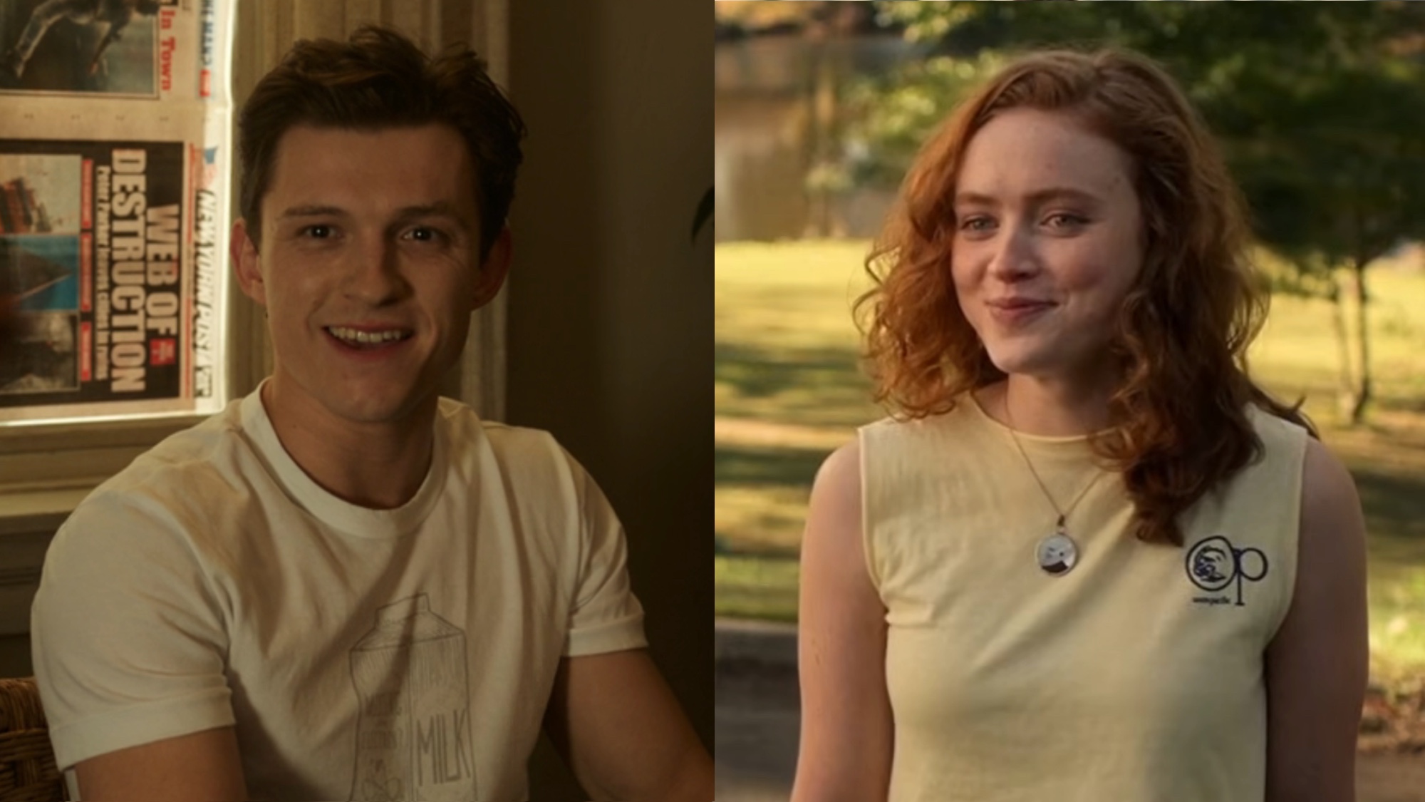 Tom Holland smiling in No Way Home and Sadie Sink smiling in Stranger Things side by side. 