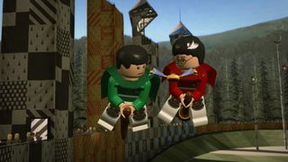 A screenshot of Harry playing quidditch during one of the best games like Hogwarts Legacy, Lego Harry Potter.