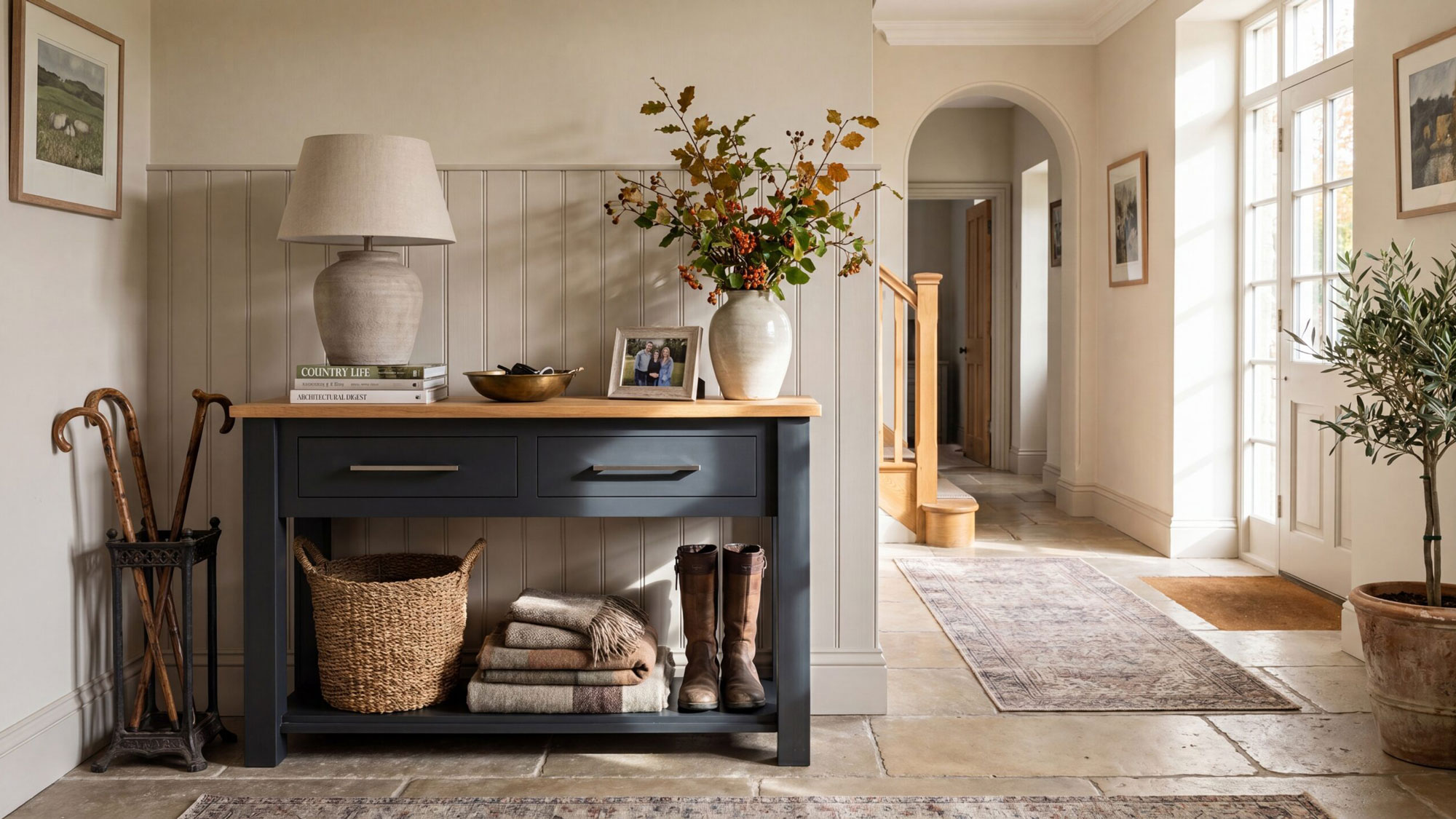 country house entrance hallway with flagstone floor and blue console table