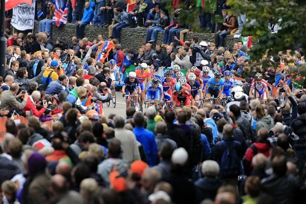 Huge crowds cheer on the leaders on the Cauberg.