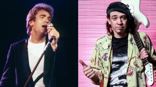 LEFT: Huey Lewis and The News perform at the Irvine Meadows Amphitheater, April 24, 1984 in Irvine, California. RIGHT: Stevie Ray Vaughan poses for a portrait before a concert at the Royal Oak Music Theatre, on September 8, 1984, in Royal Oak, Michigan. 