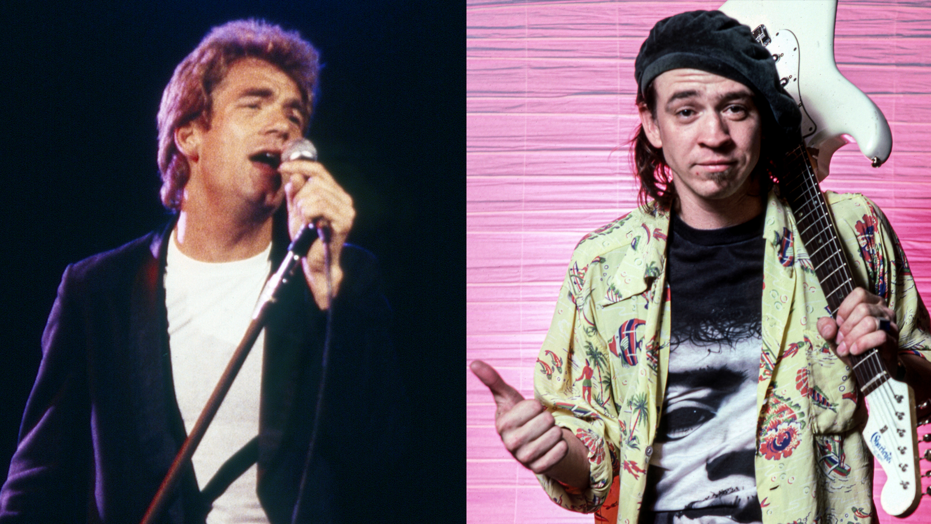 LEFT: Huey Lewis and The News perform at the Irvine Meadows Amphitheater, April 24, 1984 in Irvine, California. RIGHT: Stevie Ray Vaughan poses for a portrait before a concert at the Royal Oak Music Theatre, on September 8, 1984, in Royal Oak, Michigan. 