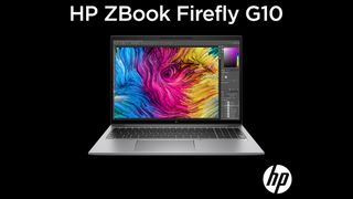 A front on photo of the HP Zbook Firefly G10 with the product name above it and HP logo on the bottom right corner on a black background