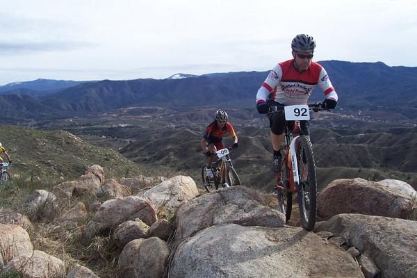 Tinker Juarez chases another rider at a race in southern California.