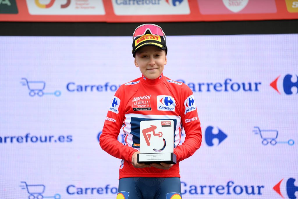 VALENCIA SPAIN APRIL 28 Gaia Realini of Italy and Team Lidl Trek celebrates at podium as Red Leader Jersey winner during the 10th La Vuelta Femenina 2024 Stage 1 a 16km team time trial from Valencia to Valencia UCIWWT on April 28 2024 in Valencia Spain Photo by Alex BroadwayGetty Images