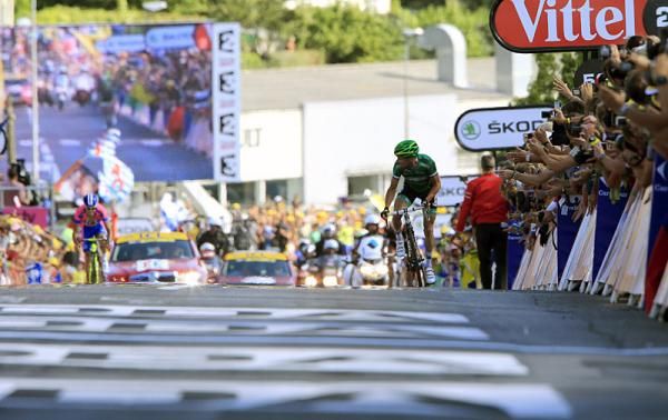Thomas Voeckler (Europcar) glances over his shoulder to make sure victory is his on stage 10.