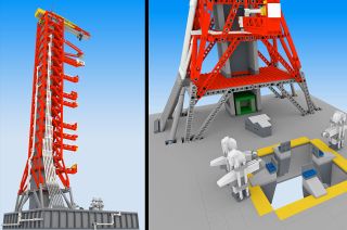 Valerie Roche and Emmanuel Urquieta's Saturn V launch umbilical tower would serve as a stand for the Lego NASA Apollo Saturn V that was co-created by Roche and released in June.