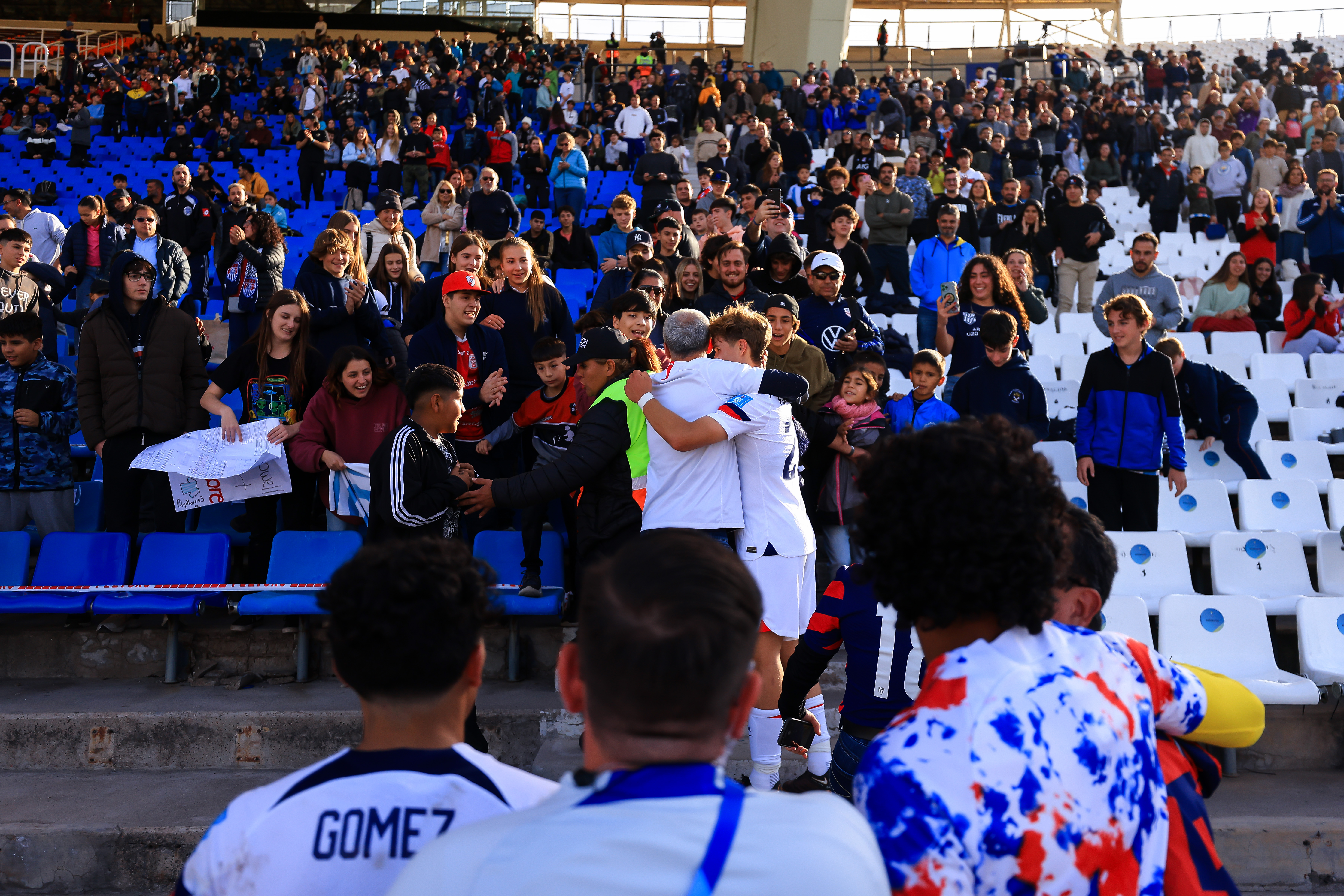 MENDOZA, ARGENTINA - MAY 30: Rokas Pukstas of USA celebrates with his family at the end of the FIFA U-20 World Cup Argentina 2023 Round of 16 match between United States and New Zealand at Estadio Mendoza on May 30, 2023 in Mendoza, Argentina. (Photo by Buda Mendes - FIFA/FIFA via Getty Images)