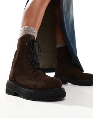 Asos Design Addison Flat Leather Lace Up Boots in Brown Suede