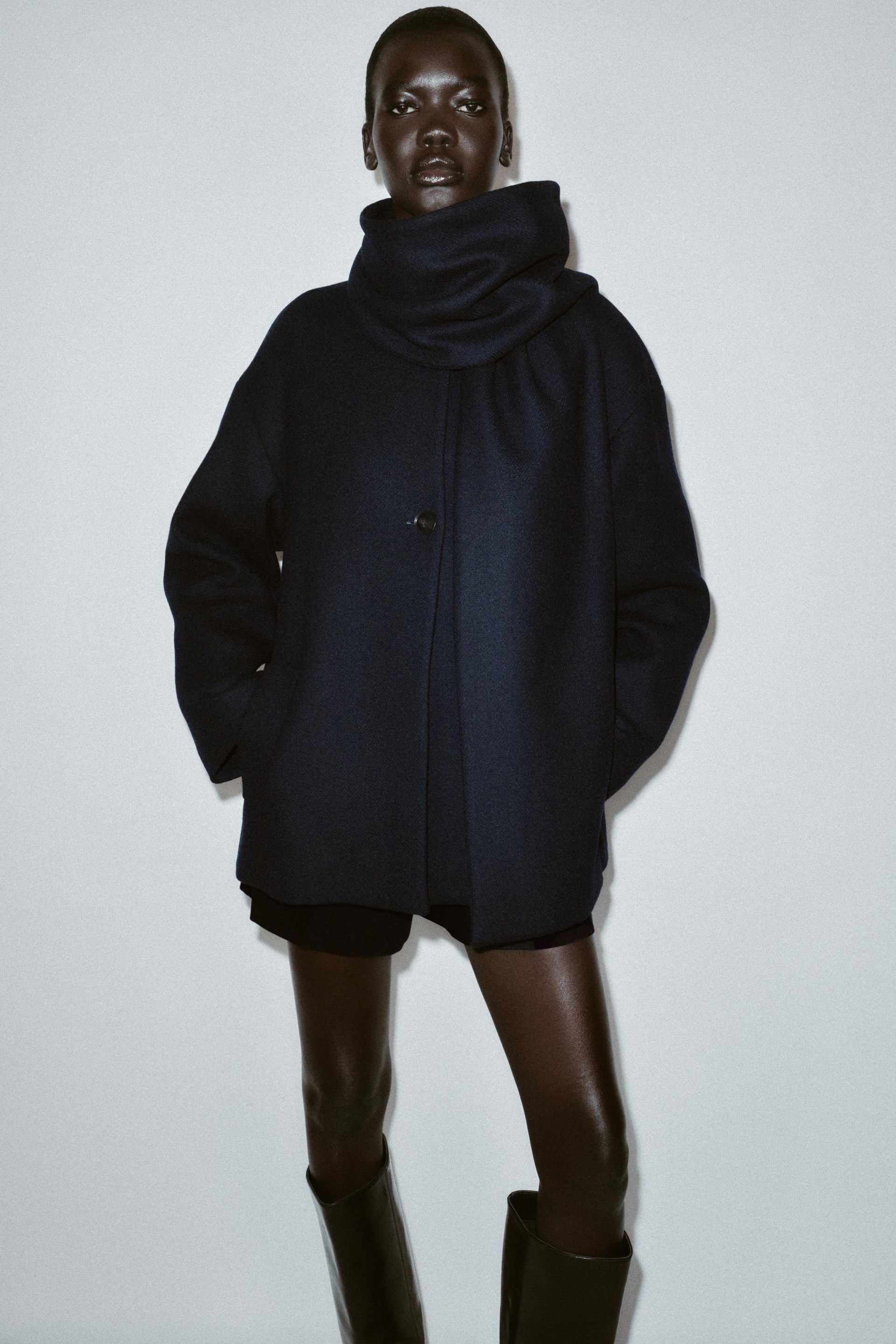 Wool Blend Short Coat With Scarf