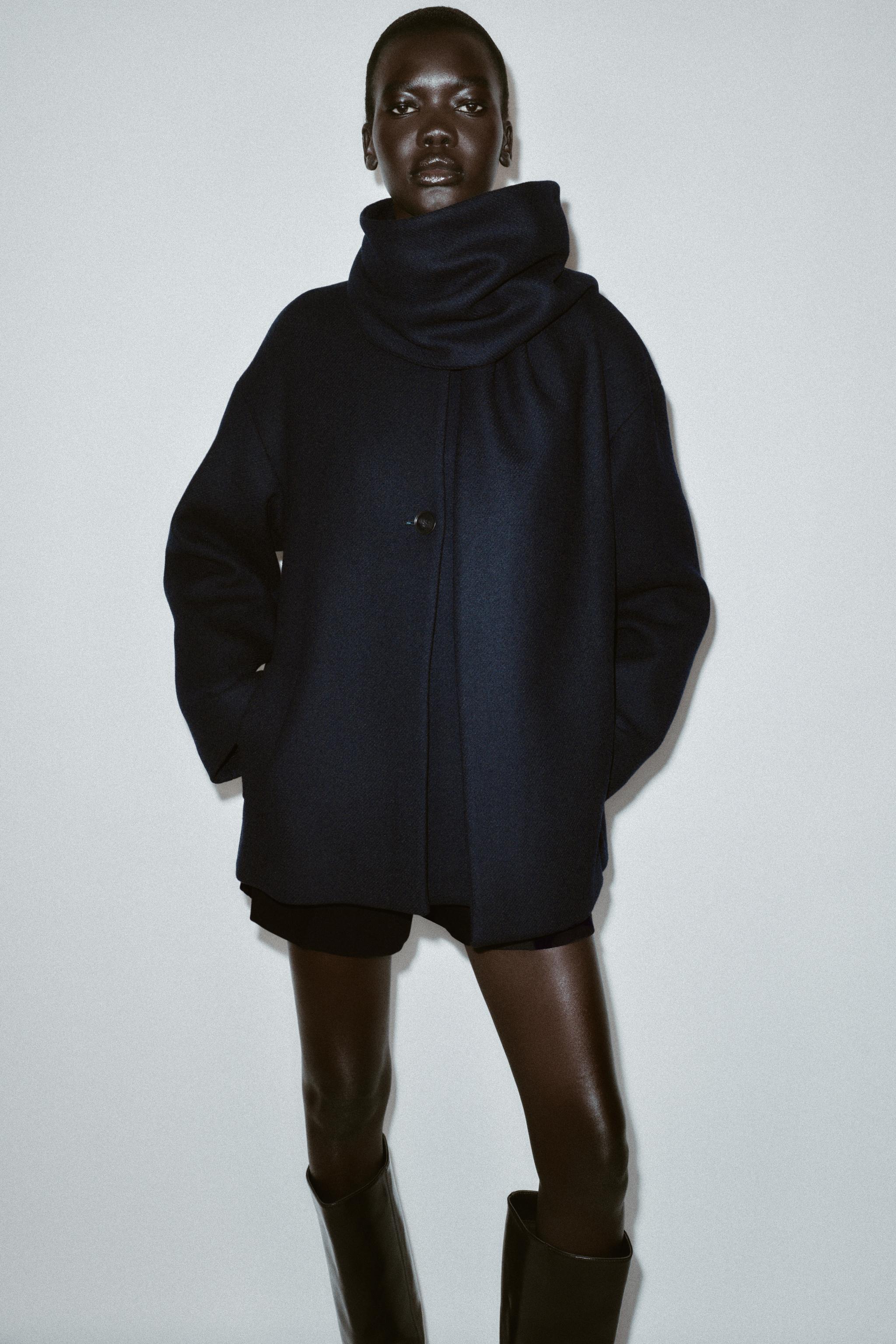 Wool Blend Short Coat With Scarf