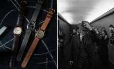 Hamilton watches against material background and still from the film Oppenheimer