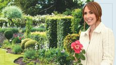 An established garden with topiary trees planted in the flower border with an overlay of Alex Jones