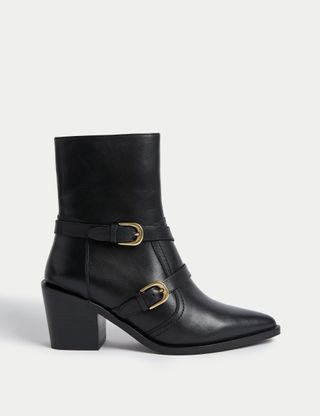 Leather Buckle Block Heel Ankle Boots