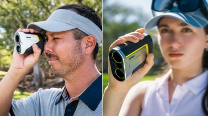 A man and a woman both using Nikon laser rangefinders