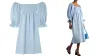 Sleeper off-the-shoulder shirred linen midi dress
