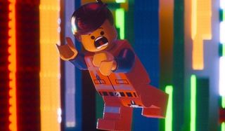 The Lego Movie Emmet falling through a colorful brick void