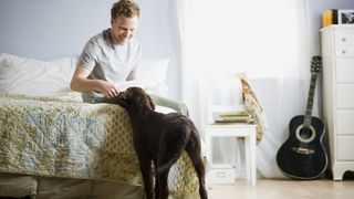 dog with man in bedroom