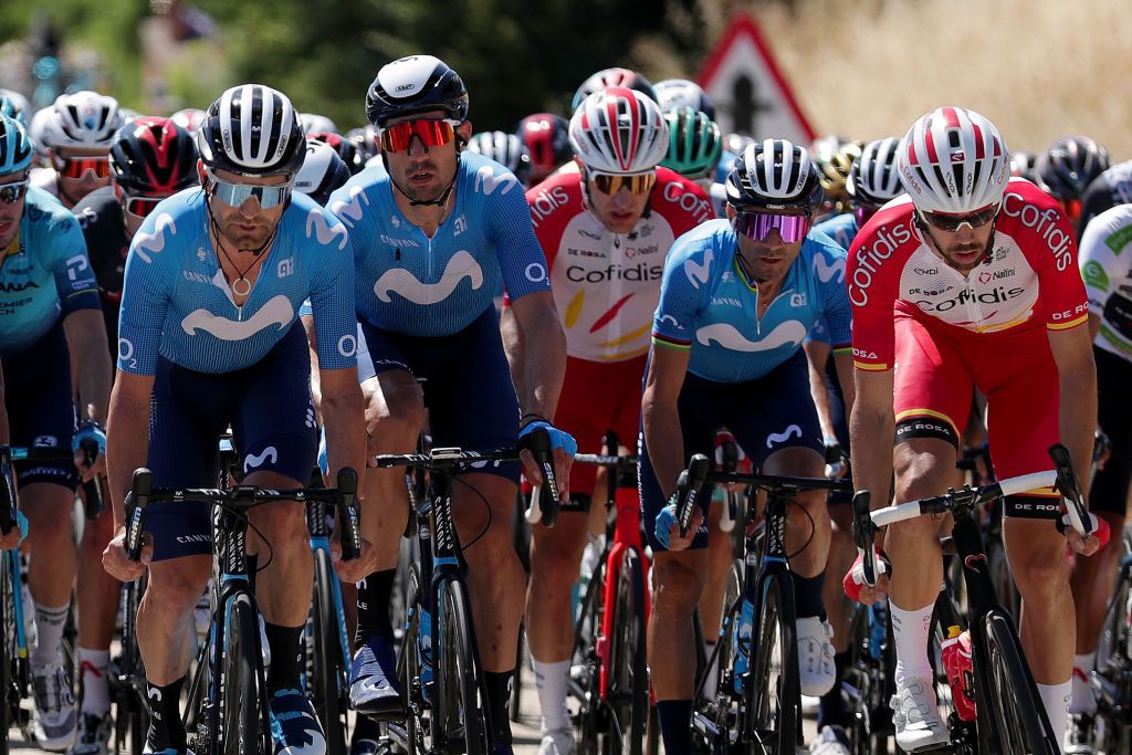 MOLINA DE ARAGON SPAIN AUGUST 17 LR Imanol Erviti of Spain Alejandro Valverde Belmonte of Spain and Movistar Team and Jess Herrada Lopez of Spain and Team Cofidis compete during the 76th Tour of Spain 2021 Stage 4 a 1639km stage from El Burgo de Osma to Molina de Aragn 1134m lavuelta LaVuelta21 on August 17 2021 in Molina de Aragn Spain Photo by Gonzalo Arroyo MorenoGetty Images