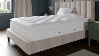 A pillow-top mattress on a bed frame in a room