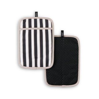 A pair of hot pads, one navy blue and one white and blue stripes