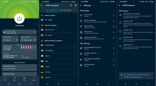 Four screenshots from ExpressVPN's mobile interface