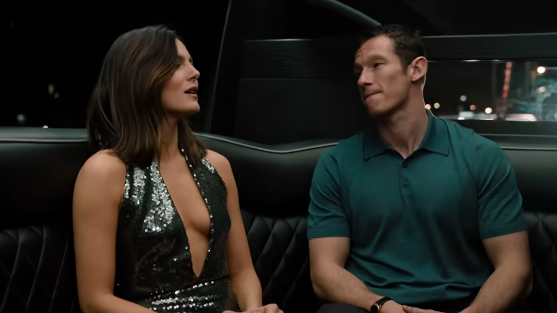 Monica Barbaro as Allie and Callum Turner as Owen sitting in a limo together at night during the new movie One Night Only.