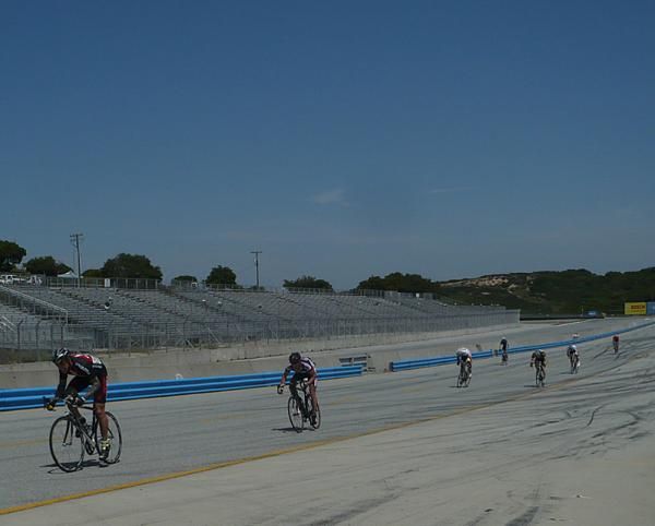 The masters sprint for the finish on the Laguna Seca Raceway.