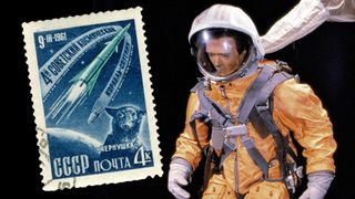 a mostly-blue vintage postage stamp depicting a rocket and a dog next to a photo of a test mannequin in an orange flight suit.