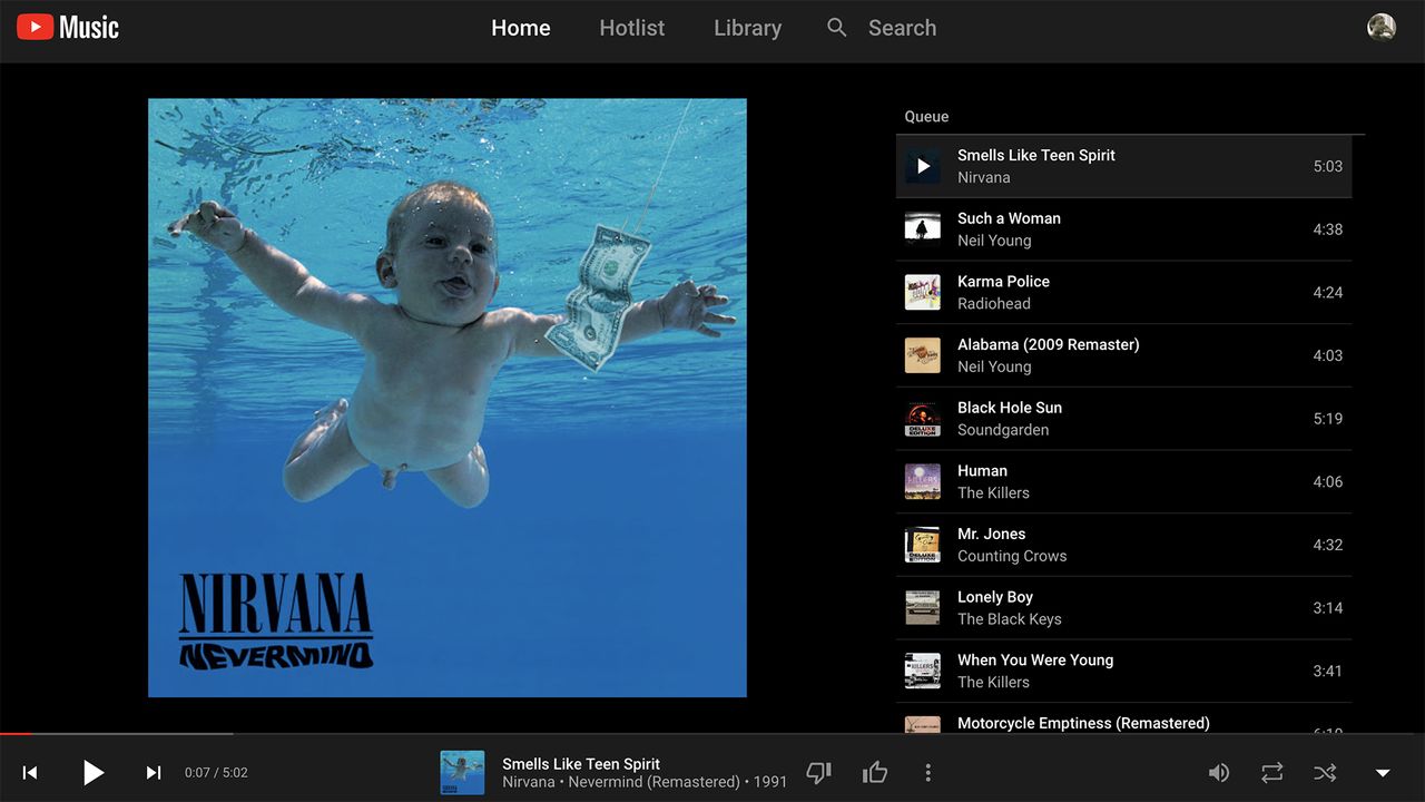 A screenshot of the YouTube Music interface. The album artwork for Nirvana's Nevermind album is displayed.