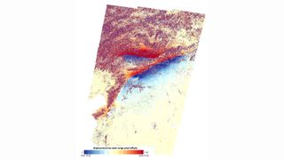 Two enormous cracks in Earth's crust created by the devastating February 2023 earthquake in Turkey seen by the Earth-observing satellite Sentinel-1.