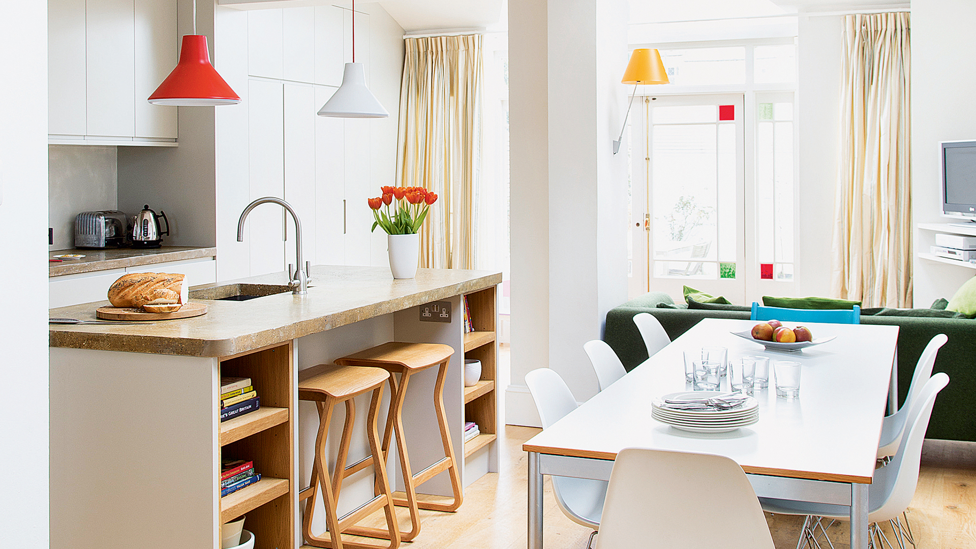 white open plan kitchen, dining and living room