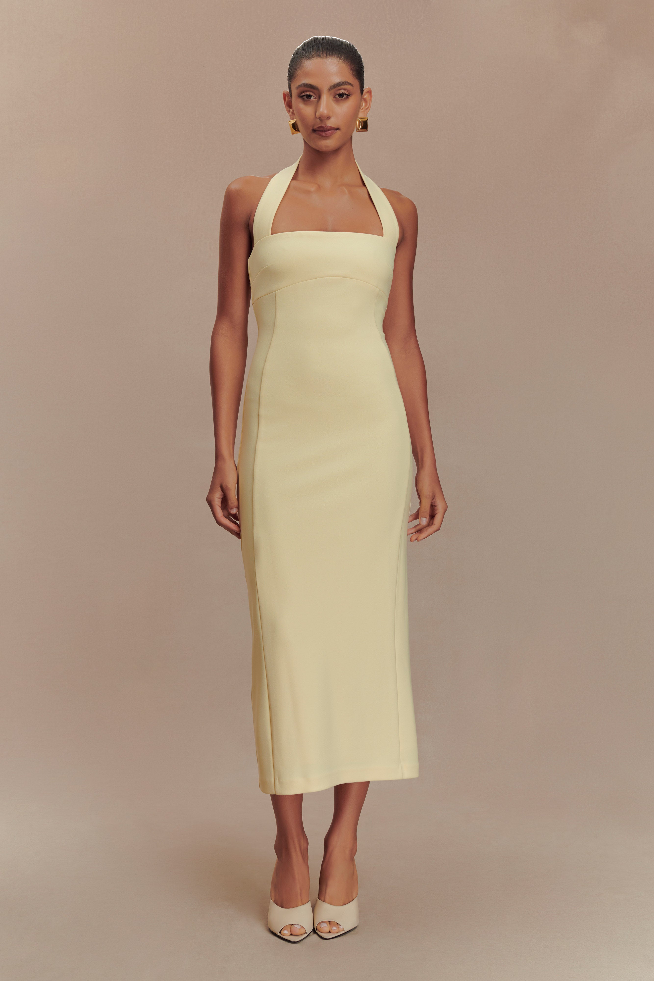 Amelita Suiting Halter Midi Dress - Pale Lemon Xxs
