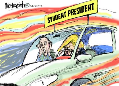 Political cartoon U.S. Donald Trump learning driver