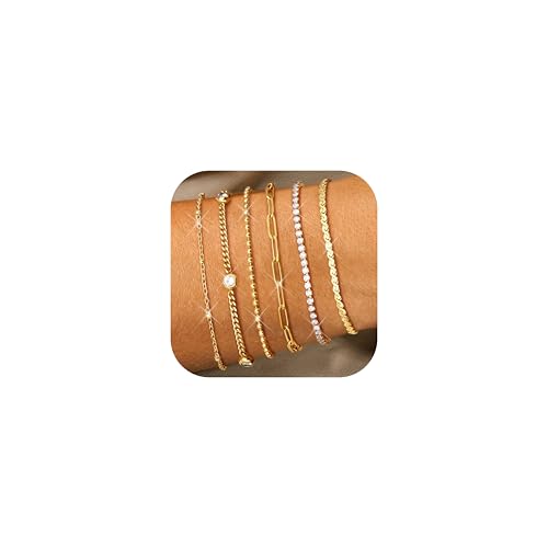 Diamday 6pcs Gold Bracelet for Women 14k Gold Plated Bracelet Set Stainless Steel Bracelets Stack Adjustable Beaded Cz Paperclip Tennis Link Chain Bracelet Waterproof Ladies Bracelets for Women