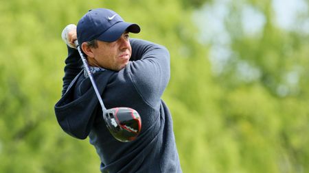 Rory McIlroy holds his finish on a drive