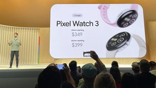 A Google employee presenting the new Pixel Watch 3 device at the Made by Google event