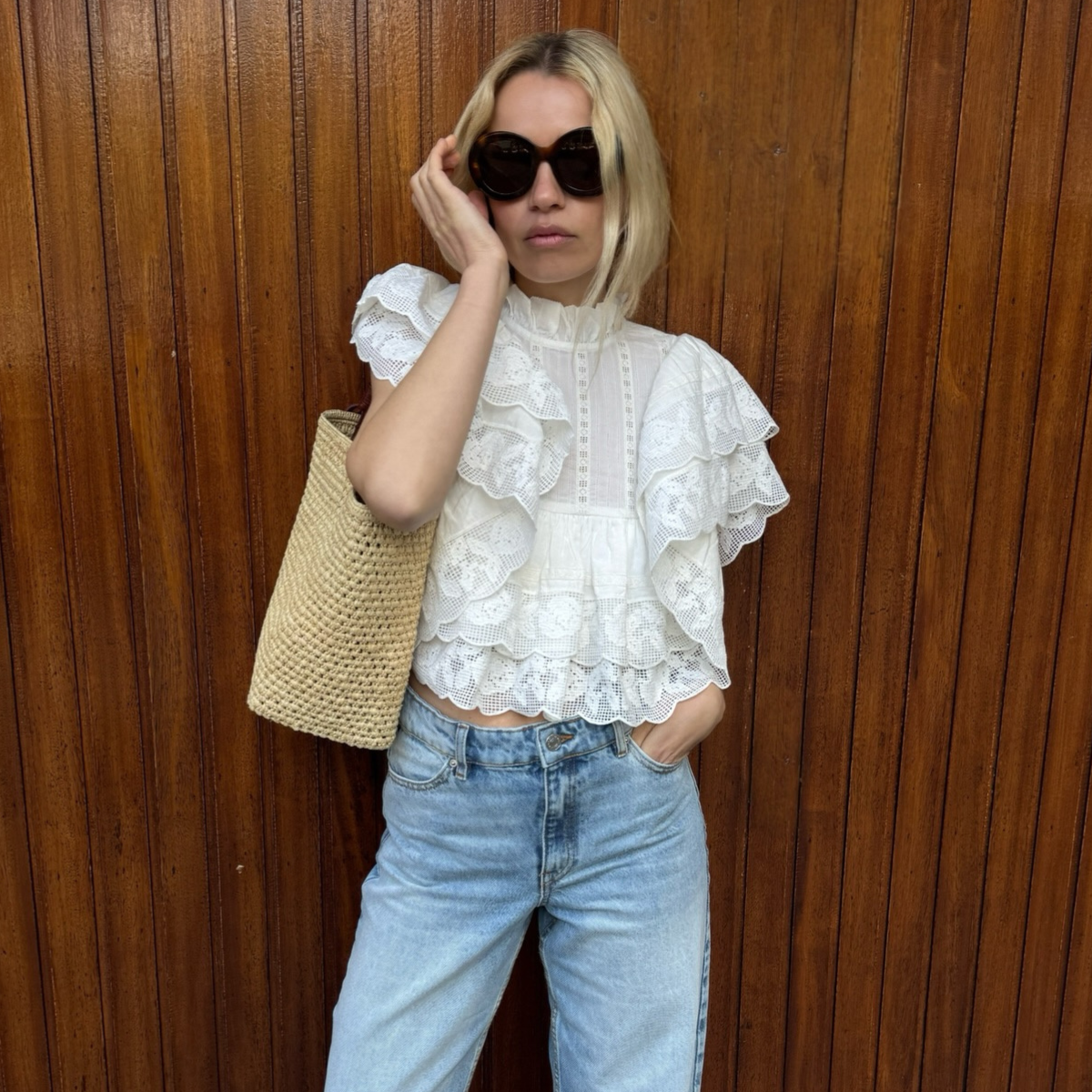 An image of @stephaniebroek wearing a peasant top, one of the biggest spring blouse trends.