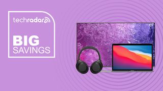 Samsung TV, Apple MacBook, Bose headphones on purple background with big savings text overlay